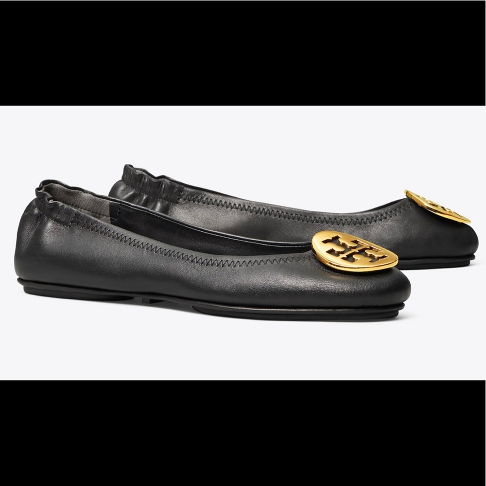 Tory Burch Black & Goldtone Minnie Leather Ballet Flat Shoe for Women